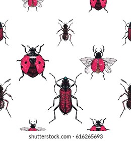 Embroidery brown bug, forest ant, flying ladybag, red flying bug. Fashion patch with insects illustration. Seamless pattern backdrop. Trendy traditional art on white background.