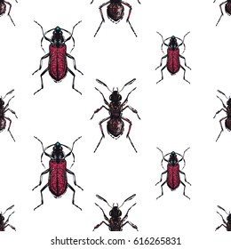 Embroidery brown bug and forest ant. Fashion patch with insects illustration. Seamless pattern backdrop. Trendy traditional art on white background.