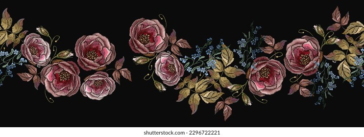 Brotes de rosas rojas de bordado sobre fondo negro. Patrón horizontal sin soldadura. Plantilla de moda para el diseño de ropa, diseño de camisetas, flores de tapicería estilo renacimiento