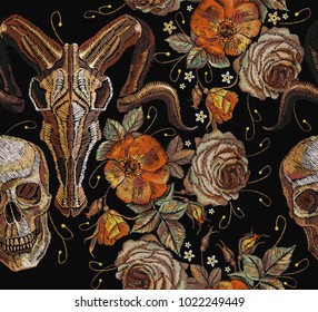 Embroidery bull and human skull, roses seamless pattern. Gothic romanntic embroidery bison buffalo skulls, human skull, red roses tribal pattern, clothes t-shirt. Dia de muertos, day of the dead 