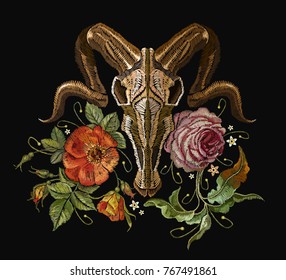 Embroidery bull skull and roses. Dia de muertos, day of the dead. Gothic romanntic embroidery bison buffalo skulls red roses and peonies tribal art, clothes t-shirt design 