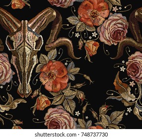 Embroidery bull skull and roses seamless pattern. Dia de muertos, day of the dead. Gothic romanntic embroidery bison buffalo skulls red roses and peonies tribal pattern, clothes t-shirt design 