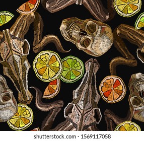 Embroidery bull skulls and lemon slice seamless pattern. Gothic embroidery background. Template for clothes, t-shirt design. Dark art style