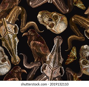 Embroidery bull skulls and raven seamless pattern. Gothic embroidery background. Template for clothes, t-shirt design. Dark art style