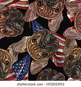 Embroidery bulldog heads and rippled American flag, seamless pattern. Patriotic art. Template for clothes, t-shirt design 
