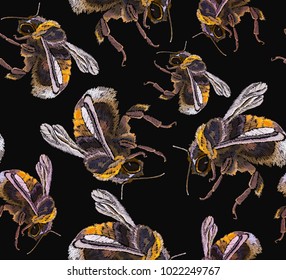 Embroidery bumblebees seamless pattern. Template for design of clothes, t-shirt design 