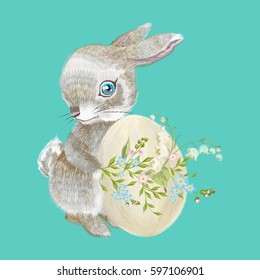 Embroidery bunny with easter egg and lilies of the valley. Vector traditional folk cute rabbit character with flowers on green background for design