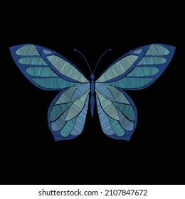 Embroidery butterflie. Floral butterfly, blue flying insect. Textile decoration, fashion graphic patches. Stitch templates, nowaday vector.