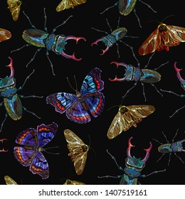 Embroidery butterflies and beetle deer seamless pattern. Summer art. Template for clothes, textiles, t-shirt design 