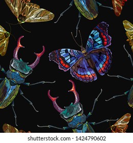 Embroidery butterflies and beetle deer seamless pattern. Summer forest art. Template for clothes, textiles, t-shirt design 