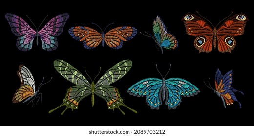 Embroidery butterflies. Floral butterfly, orange blue flying insects. Textile decoration, fashion graphic patches. Stitch templates, nowaday vector set