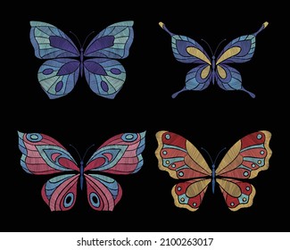 Embroidery butterflies. Floral butterfly, orange blue flying insects. Textile decoration, fashion graphic patches. Stitch templates, nowaday vector set.