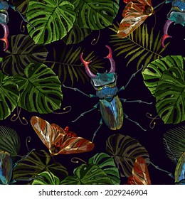 Embroidery butterflies, palm leaves and beetle deer seamless pattern. Tropical forest, summer art. Fashion template for clothes, textiles, t-shirt design 