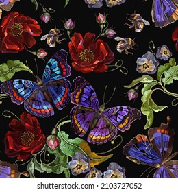 Embroidery butterflies and red flowers, seamless pattern. Fashion template for clothes, t-shirt design. Summer garden background 