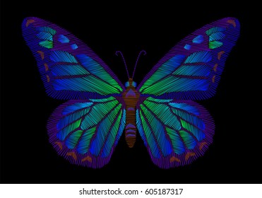 Embroidery butterfly blue green morpho beautiful holographic gradient colored in metallic, shimmering shade design for clothing. insect vector decoration. isolated