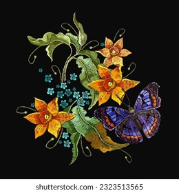 Embroidery butterfly, bouquet of narcissuses flowers and meadow herbs. Beautiful daffodils on black background. Spring garden art. Template for clothes, textiles, t-shirt design