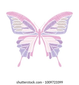 Embroidery butterfly on white background. Vector element for patches, badges and stickers