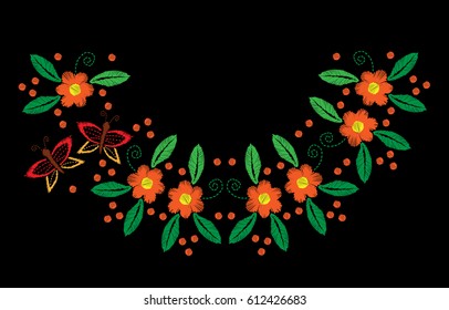 Embroidery with butterfly and orange flower with green leaf. Vector embroidery pattern on the black background for printing on fabric and other decoration.