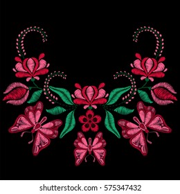 Embroidery with butterfly, spring flowers. Necklace for fabric, textile floral print. Fashion design for girl wear decoration. Tradition ornamental pattern