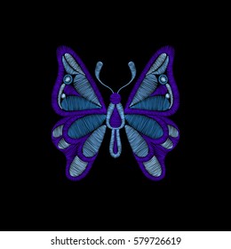 Embroidery with butterfly. Template for fabric, textile floral print. Fashion design for girl wear decoration. Tradition ornamental pattern. Vector illustration on black background.