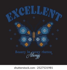 Vector de mariposa bordado. Etamine detallado mariposa gráfico. Camiseta de moda para niños y sudadera Diseño gráfico. Estampado de mariposa con bordado. Gráfico para tarjetas de celebración y productos para niños.