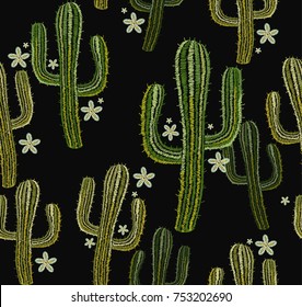 Embroidery cactus seamless pattern. Mexican ethnic classical embroidery, flowers and succulent cactus latin america background. Template for clothes, textiles, t-shirt design