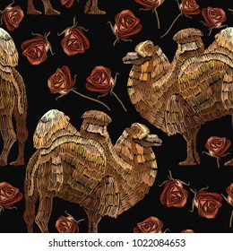Embroidery camels and roses seamless pattern. Portrait of beautiful camel and red roses template for fashion clothes, textiles, t-shirt design