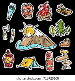 Embroidery camping stickers pop art style, tourism equipment symbols and icons. Mountains, tent, backpack. Symbols of tourism, travel, adventure. Embroidery camping stickers 80s-90s comic style