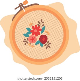 Embroidery canvas in wooden round frame. Handmade icon