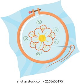 Embroidery Cartoon Icon. Flower On Sewing Hoop. Hobby Symbol Isolated On White Background