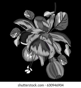 Embroidery or carving of black and white fuchsia for your design. Vector illustration.