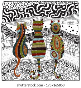 Embroidery Cats. Artistically ethnic pattern in Zentangle style. Adult Coloring book. Vector Embroidery home decor, ornament for textile,  fashion, fabric pattern. 