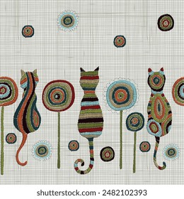 Gatos de bordado y mandalas. Patrón sin costuras. Decoración del hogar del bordado del Vector, ornamento para la tela, moda, patrón de la tela.