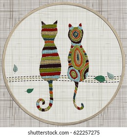 Embroidery cats.  Zentangle style. Vector Embroidery home decor, ornament for textile,  fashion, fabric pattern. Linen cloth texture.  Colorful tradition folk decoration.