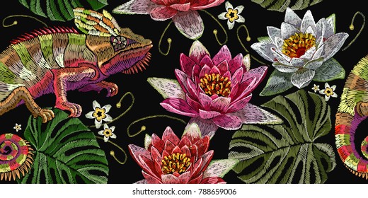 Embroidery chameleon and water lilies seamless pattern. Classical embroidery color chameleon, white and pink lilies pattern. Tropical template for clothes, textiles, t-shirt design 