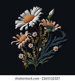 Embroidery chamomile flowers. Black vector floral background illustration with colorful tapestry chamomile flowers, leaves. Embroidered bouquet of daisies, chamomiles flowers. Stitch textured design.