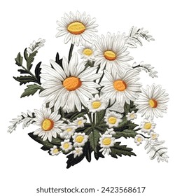 Flores de camomila de bordado. Fondo floral vectorial negro con flores de camomila blanca de tapicería, hojas verdes. Ramo de margaritas y flores de camóleo bordado. Diseño resistente y texturado.