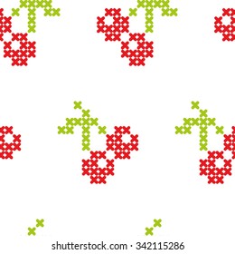 Embroidery. Cherries. Berries. Vector Seamless pattern (background). White background. 