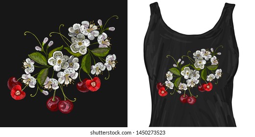 Embroidery cherry blossom tree and cherry fruit berry. Trendy apparel design. Template for fashionable clothes, modern print for t-shirts, apparel art
