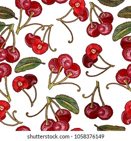 Embroidery cherry fruit berry seamless pattern art. Template for clothes, textiles, t-shirt design