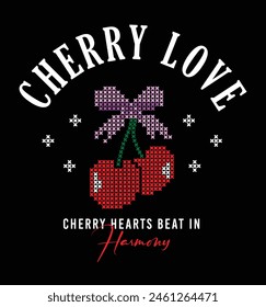 Embroidery cherry vector.Etamine detailed cherry graphic.Trendy kids t-shirt and sweatshirt graphic design.Cute cherry print with embroidery.Graphic for celebration cards and children's products.