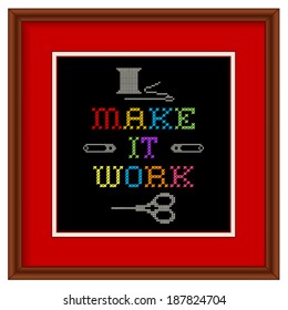 Embroidery, Cherry wood picture frame with rainbow fashion sewing design, Make it Work cross stitch needlework with scissors, safety pins, needle, thread, red mat, isolated on black background. EPS8.