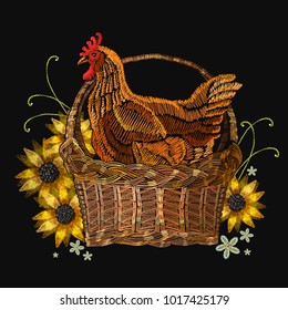 Embroidery chicken in a basket and sunflowers. Classical embroidery. Template for clothes, textiles, t-shirt design