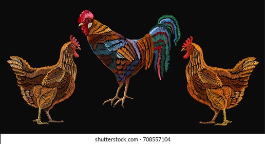 Embroidery chicken and rooster, fashion template for clothes, textiles, t-shirt design. Beautiful rooster and chicken, classical embroidery vector