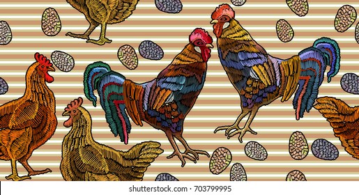 Embroidery chicken and rooster seamless pattern. Beautiful Rooster, eggs, and chicken, classical embroidery fashion template for clothes, textiles, t-shirt design