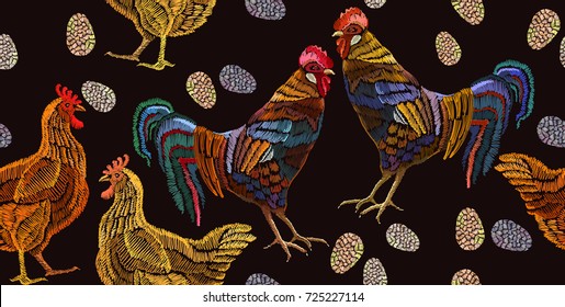 Embroidery chicken and rooster seamless pattern fashion template for clothes, textiles, t-shirt design. Beautiful Rooster, eggs, and chicken, classical embroidery seamless pattern