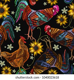 Embroidery chicken, rooster and sunflowers seamless pattern fashion template for clothes, textiles, t-shirt design. Beautiful rooster and chicken, classical embroidery seamless pattern