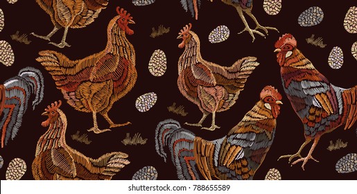 Embroidery chicken and rooster vintage seamless pattern fashion template for clothes, textiles, t-shirt design. Beautiful rooster, eggs, and chicken, classical embroidery vintage seamless pattern