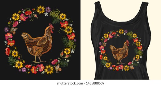 Embroidery chicken and wreath of flowers. Trendy apparel design. Template for fashionable clothes, modern print for t-shirts, apparel art