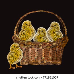 Embroidery chickens in a basket. Classical embroidery beautiful yellow chickens. Template for clothes, textiles, t-shirt design
